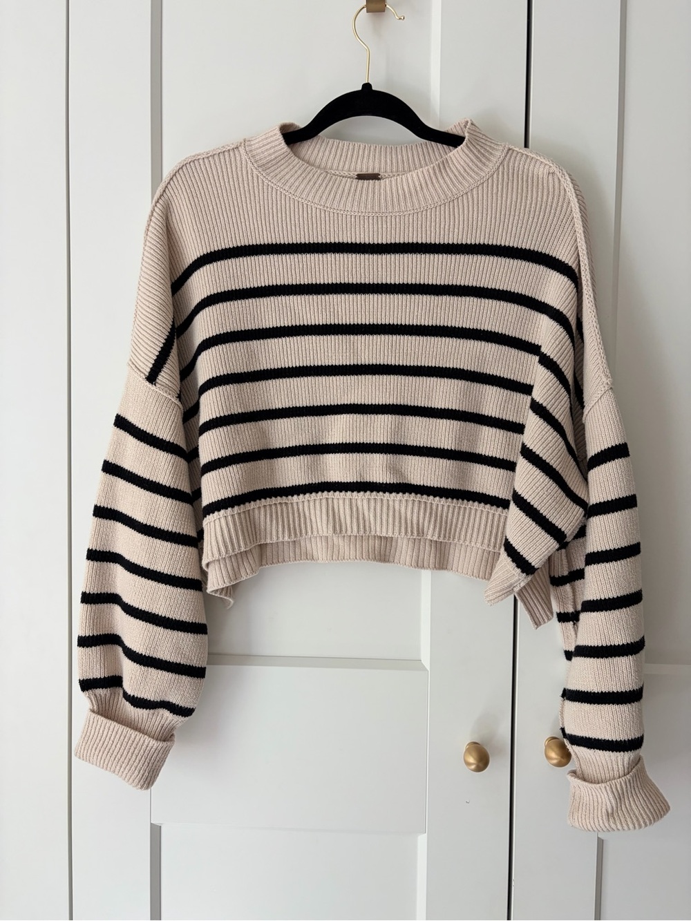 Free People Cropped Striped Crewneck Sweater in Beige and Black | S